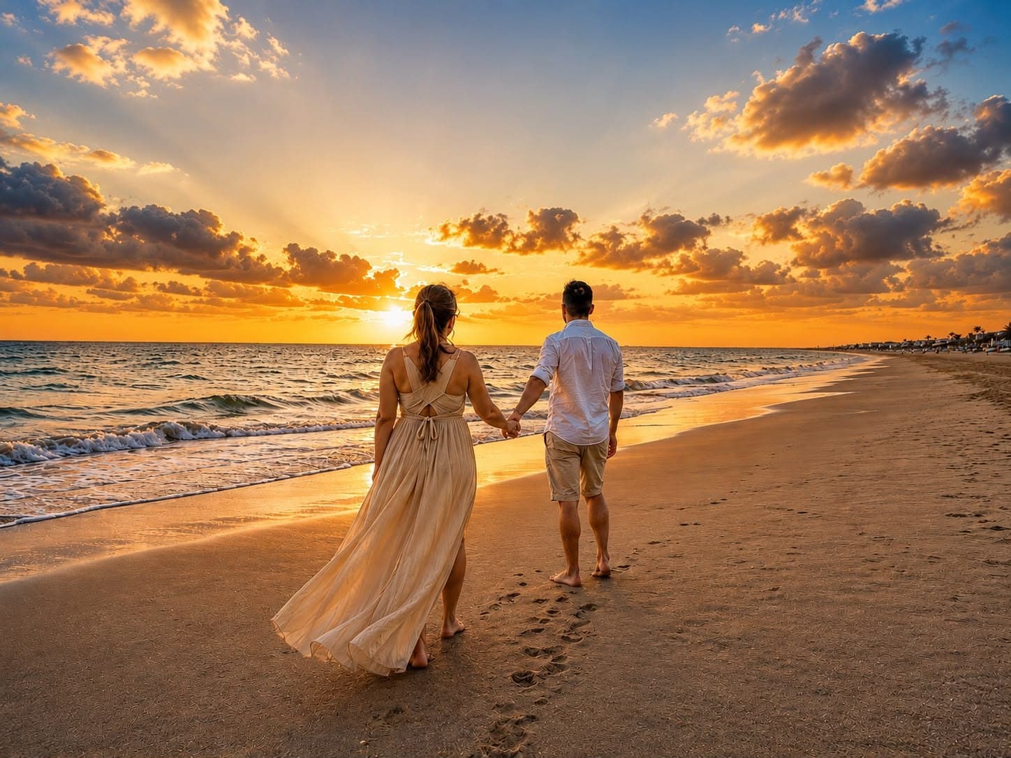 Jason Ortega y Johanna Herrera caminando de la mano por la orilla al atardecer.